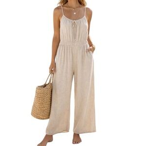 Monteau Cream Sleeveless Jumpsuit with Tie Neck